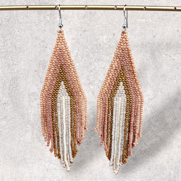 Chloe Earrings Old Rose Handmade Beaded Tribal Fringe Jewelry Dangle Pink - Picture 2 of 2